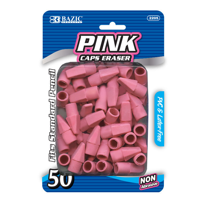 50 Pink Eraser Caps Top, Fits Standard Pencil, Non Abrasive PVC, LATEX-FREE, Removes pencil marks