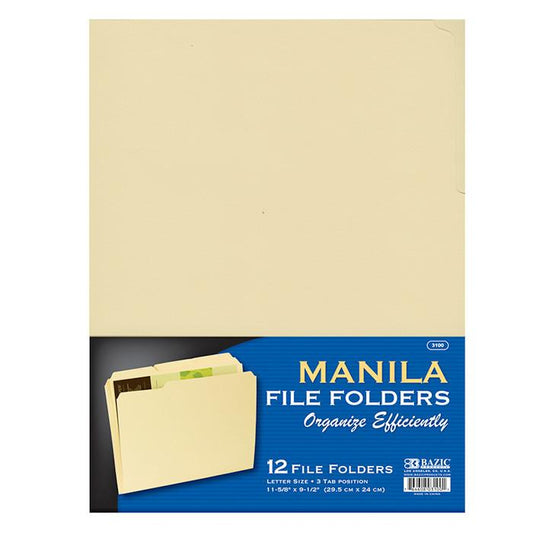 12 Pcs Letter Size Manila File Folder, Three Tab Position File Folder