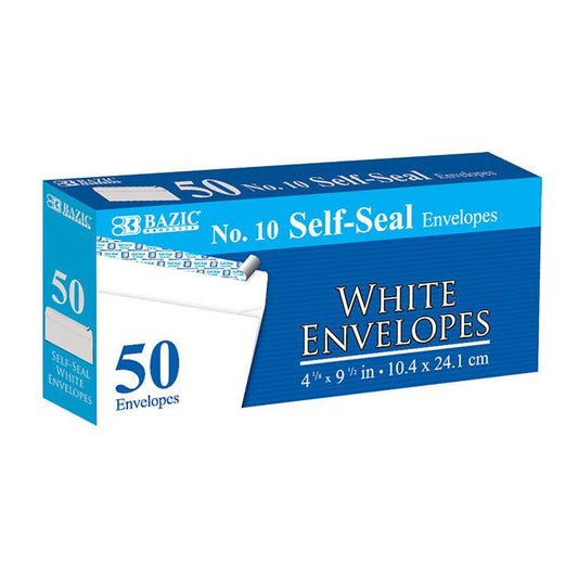 #10 Self Seal Envelopes, White,  (4 1/8" x 9 1/2") - 50 Envelopes Per Pack
