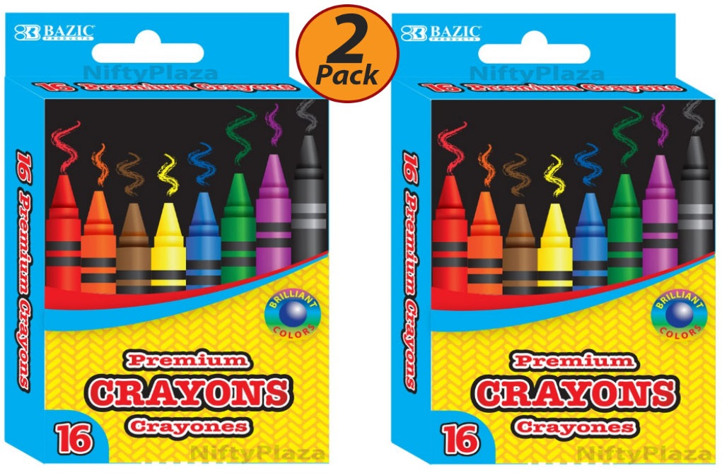 2 Pack BAZIC 16 Premium Quality Brilliant Crayon Good for Kids, Art, Craft - B2517
