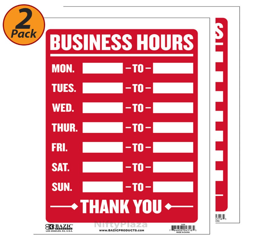 2 Pack - Business Hours Sign, 9"x12" Durable Plastic, Weatherproof