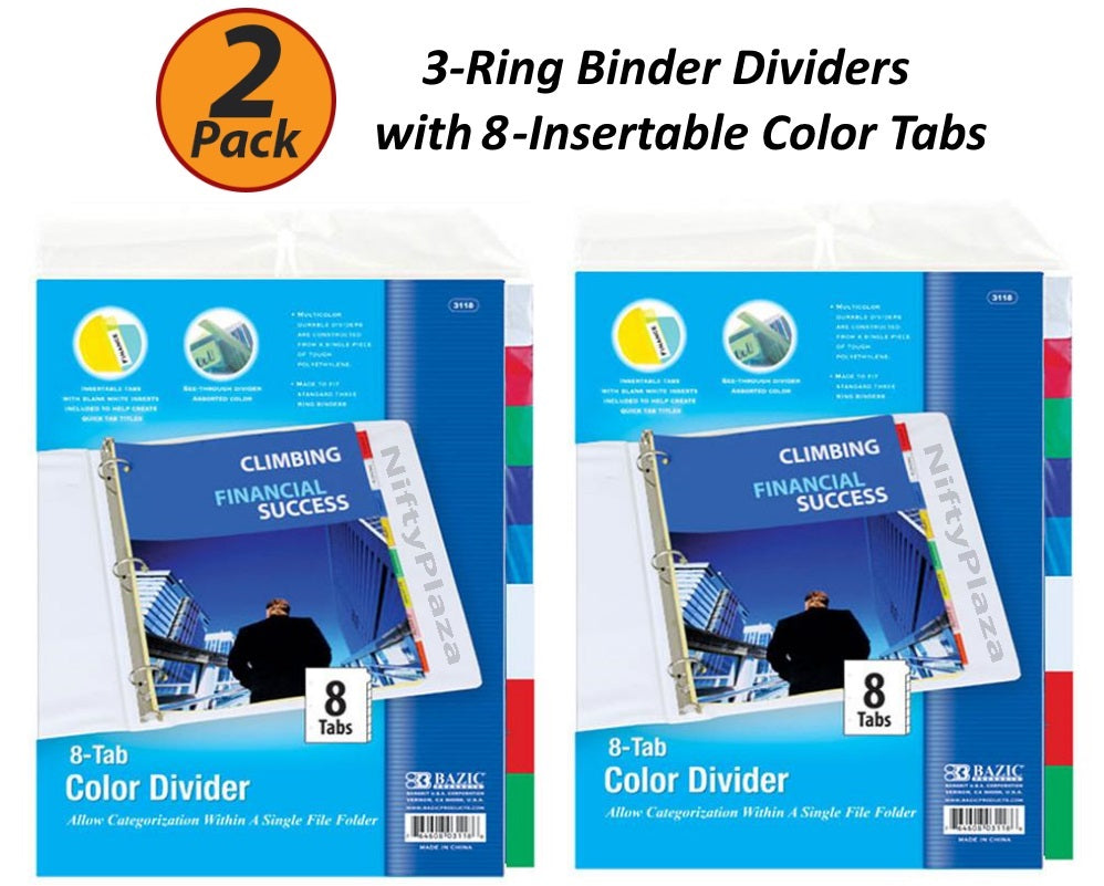 2 Pack - 3-Ring Binder Dividers with 8-Insertable Color Tabs Fits in standard three Ring Binder - B3118