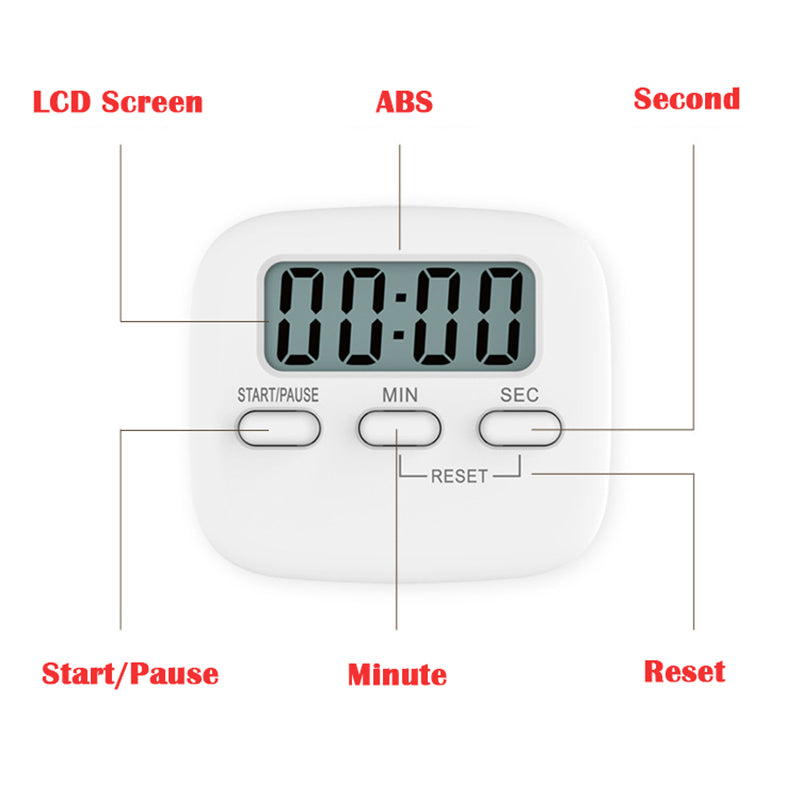 Magnetic LCD Digital Kitchen Timer with loud Alarm Backing Stand Cooking Digital Time Reminder - White