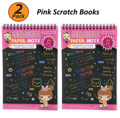 2 Pack Pink Rainbow Paper Scratch Book with Pencil DIY painting dazzle color Note Book
