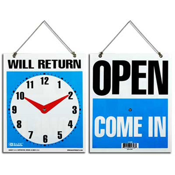 WILL RETURN Clock Sign with OPEN Sign on Back 7.5" x 9" Durable plastic, weatherproof