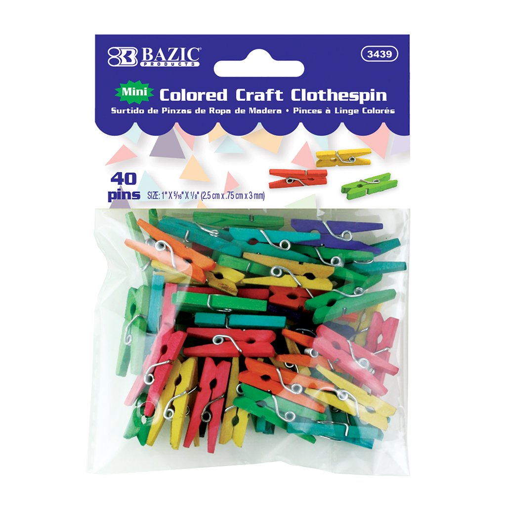 Bazic Mini Assorted Colors Clothes Pin Art Craft Decor Photo Hanging Clips - 40 Per Pack