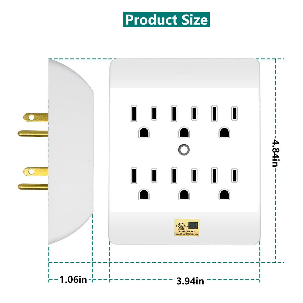 6 outlet Wall Tap 3 prong grounded electric Converts 2 Outlets to 6 outlet splitter UL