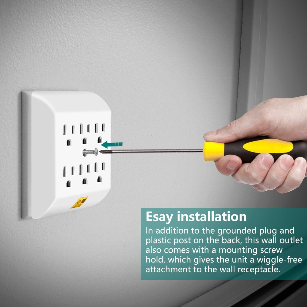 6 outlet Wall Tap 3 prong grounded electric Converts 2 Outlets to 6 outlet splitter UL