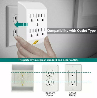6 outlet Wall Tap 3 prong grounded electric Converts 2 Outlets to 6 outlet splitter UL