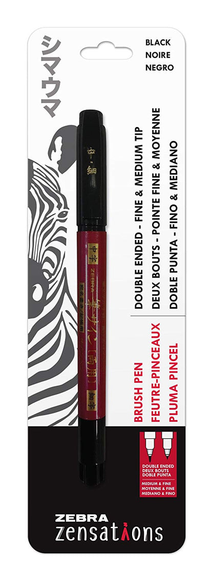 Zensations Brush Pen, Double Ended, Medium and Fine Brush Tip, Black Water-Resistant Ink - Zebra Pen