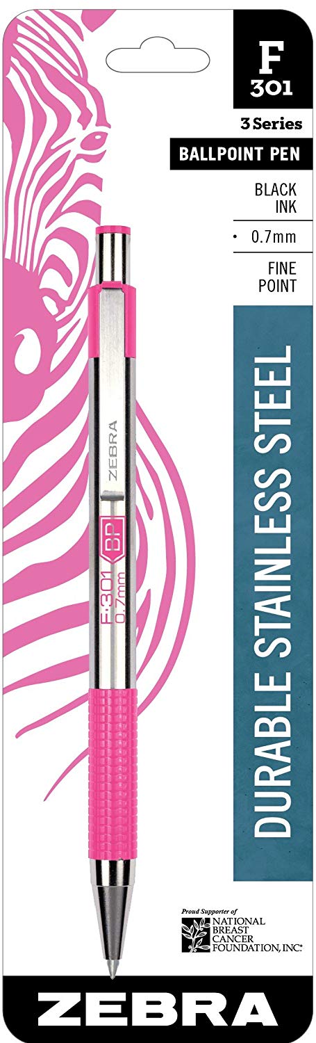F-301 Stainless Steel Retractable Ballpoint Pen, 0.7mm, BCA Pink Barrel, Black Ink