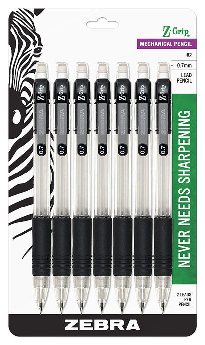 Zebra Z-Grip Mechanical Pencil, 0.7mm Point Size, HB #2 Graphite, Black Grip, 7-Count
