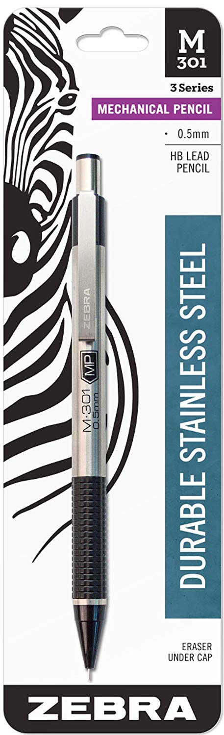 Zebra M-301 Mechanical Pencil 0.5mm 1 Pack, Black non-slip grip HB Lead