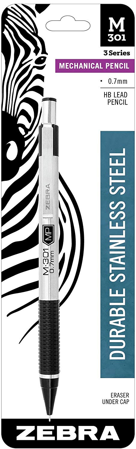 Zebra M-301 Stainless Steel Mechanical Pencil, 0.7mm Point Size, Standard HB Lead, Black Grip, 1-Count