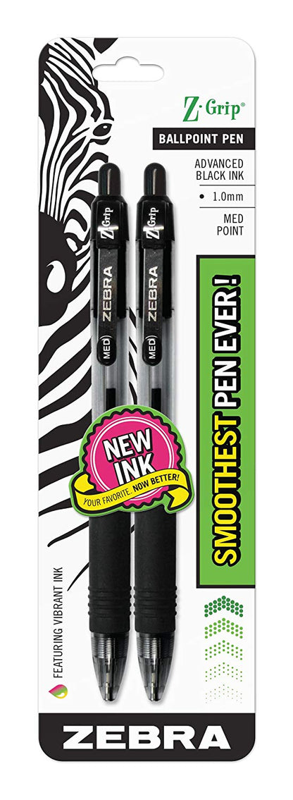 Z-Grip Retractable Ballpoint Pen, Medium Point, 1.0mm, Black Ink, 2-Count - Zebra Pen