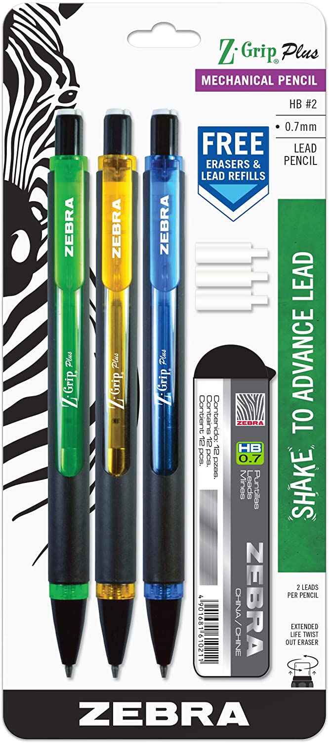 Z-Grip Plus Mechanical Pencil, 0.7mm, Bonus Lead and Erasers, Assorted Barrel Colors, Green, Yellow, Blue, 3 Pack