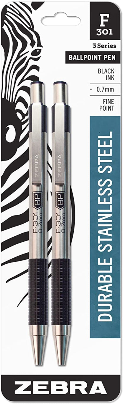 Zebra F-301 Ballpoint Stainless Steel Retractable Pen, Fine Point, 0.7mm, Black Ink, 2-Count