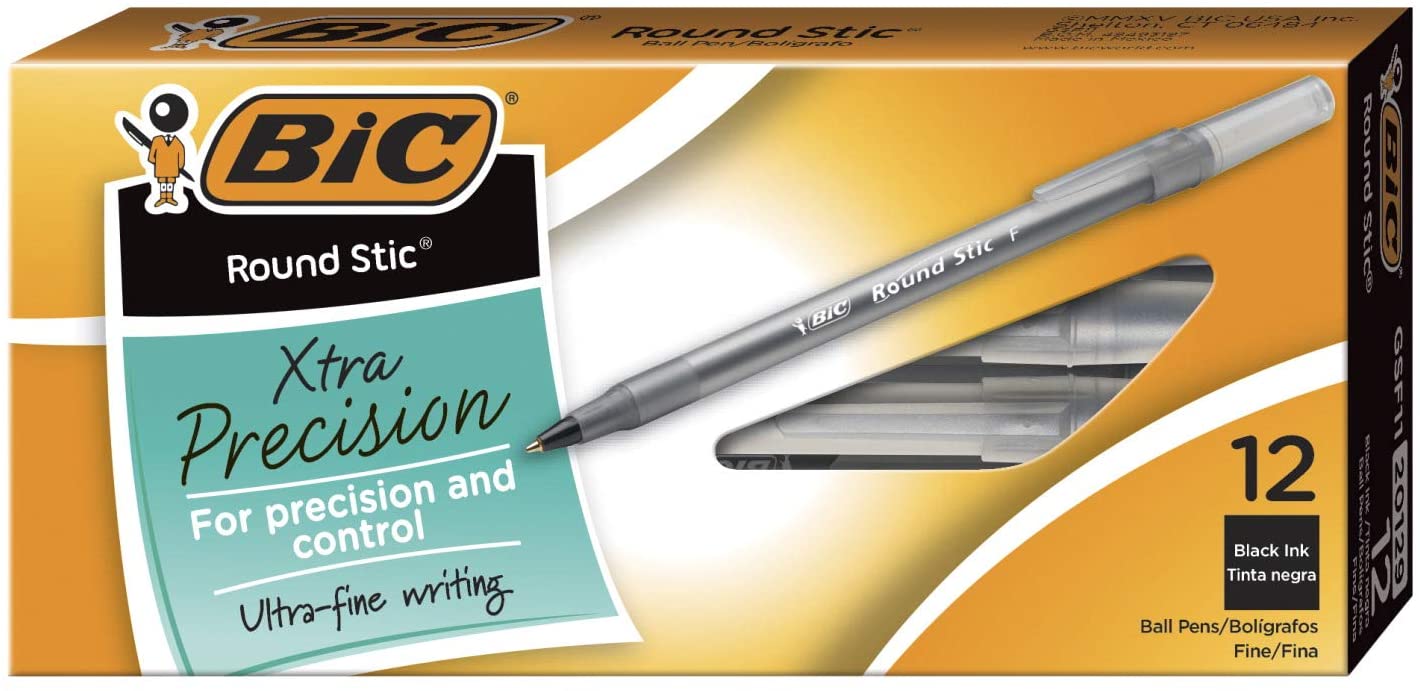 Round Stic Xtra Precision Stick Ballpoint Pen, 0.8mm, Black Ink, Smoke Barrel, Dozen