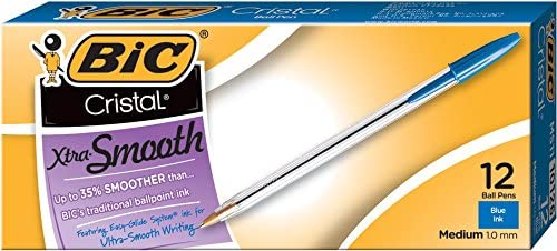 BIC Cristal Xtra Smooth Stick Ballpoint Pen, 1mm, Blue Ink, Clear Barrel, 1 Dozen
