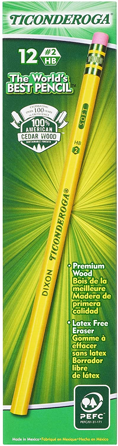 12 pcs Ticonderoga Pencils, Wood-Cased Graphite Yellow #2 HB Soft latex-free eraser