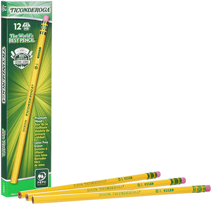 12 pcs Ticonderoga Pencils, Wood-Cased Graphite Yellow #2 HB Soft latex-free eraser