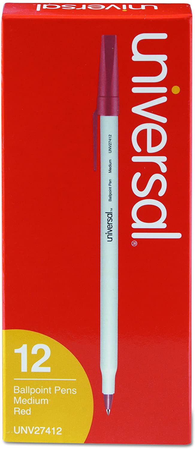 12 pcs Universal Economy Ballpoint Stick Oil-Based Pen Medium 1mm, Red Ink, Gray Barrel