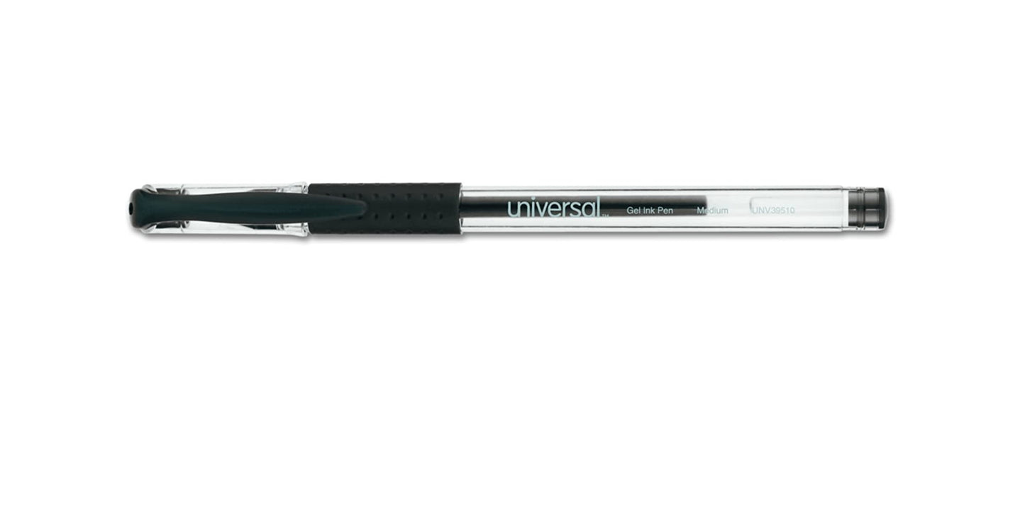 Universal 12 pcs Comfort Grip Stick Gel Pen, Medium 0.7mm, Black Ink, Clear Barrel fade-resistant Ink