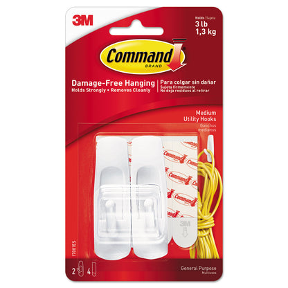 Command General Purpose Hooks, Medium, 3 lb Cap, White, 2 Hooks and 4 Strips/Pack