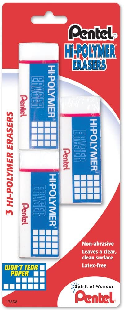 Pentel Hi-Polymer Eraser, Rectangular, Medium, White, Latex-Free Hi-Polymer, 3/Pack