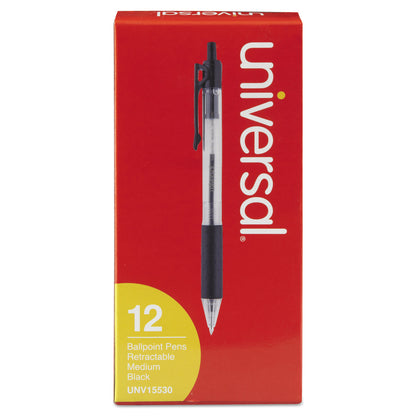 12 pcs Comfort Grip Retractable Ballpoint Pen, 1mm, Black Ink, Clear Barrel
