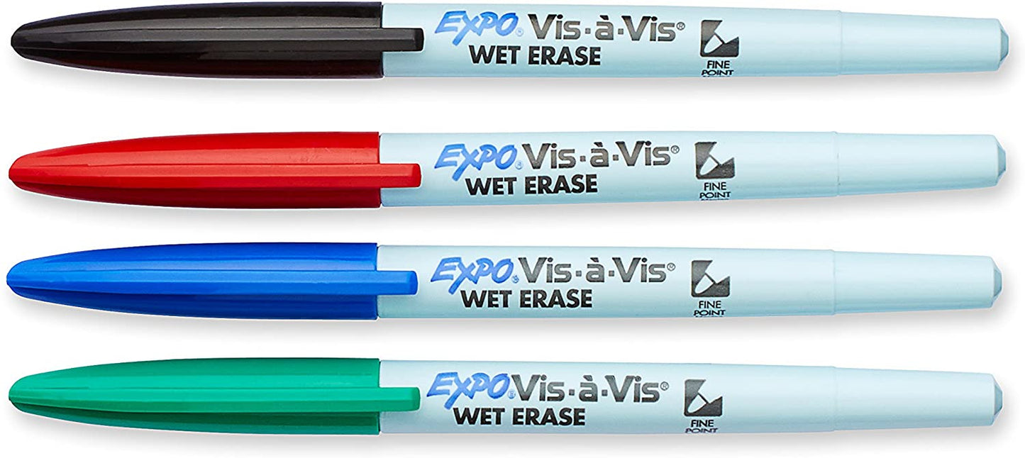 Expo Vis-a-Vis Wet Erase Marker, Fine Bullet Tip, Assorted Colors, 4-Count