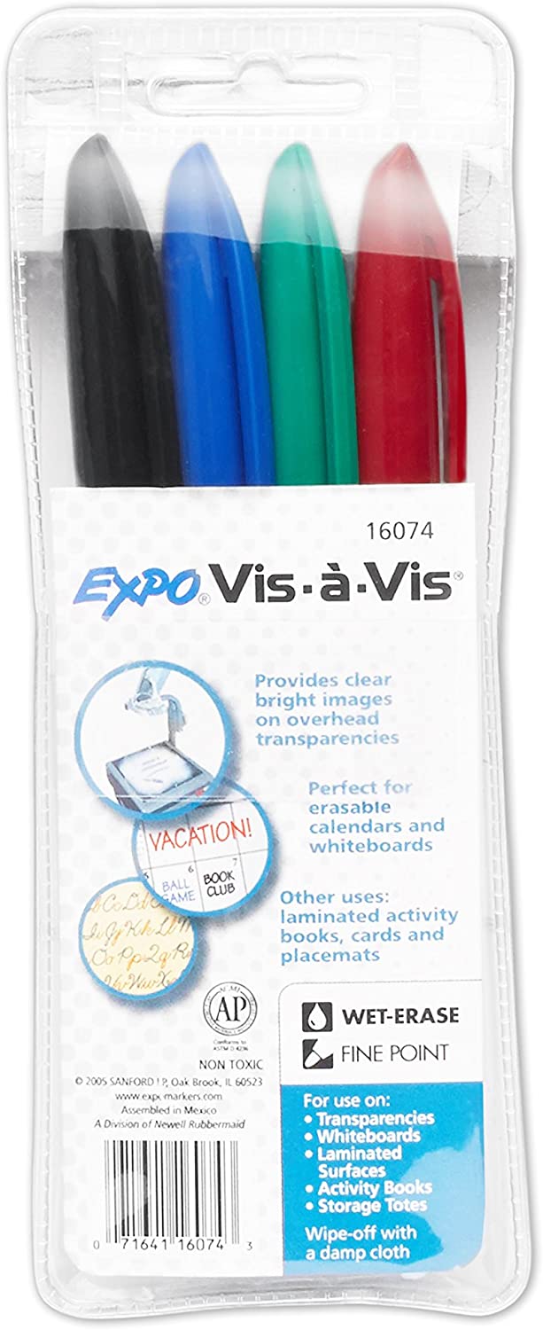 Expo Vis-a-Vis Wet Erase Marker, Fine Bullet Tip, Assorted Colors, 4-Count