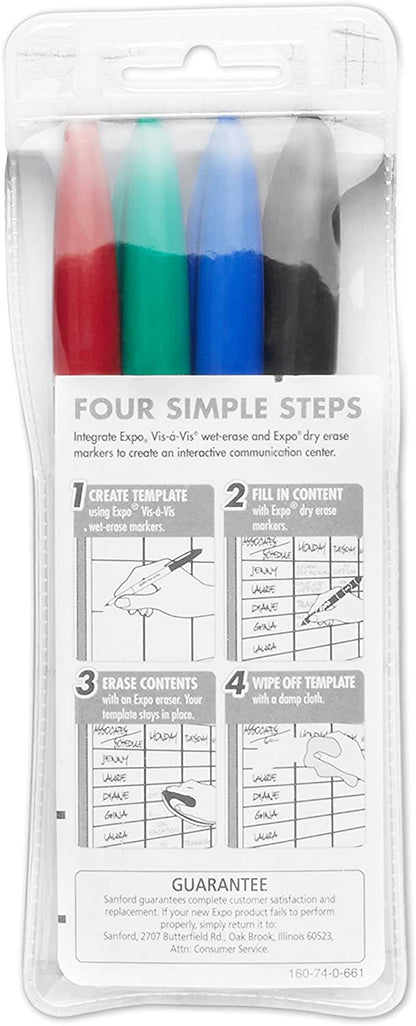 Expo Vis-a-Vis Wet Erase Marker, Fine Bullet Tip, Assorted Colors, 4-Count