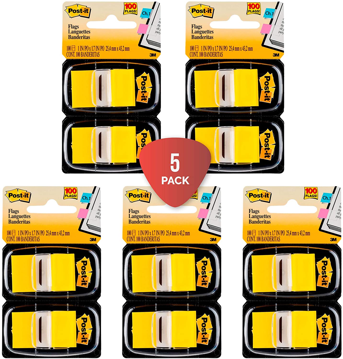 5 Pack - Post-it Standard Page Flags in Dispenser, Yellow, 1 inch Wide, 100/Pack