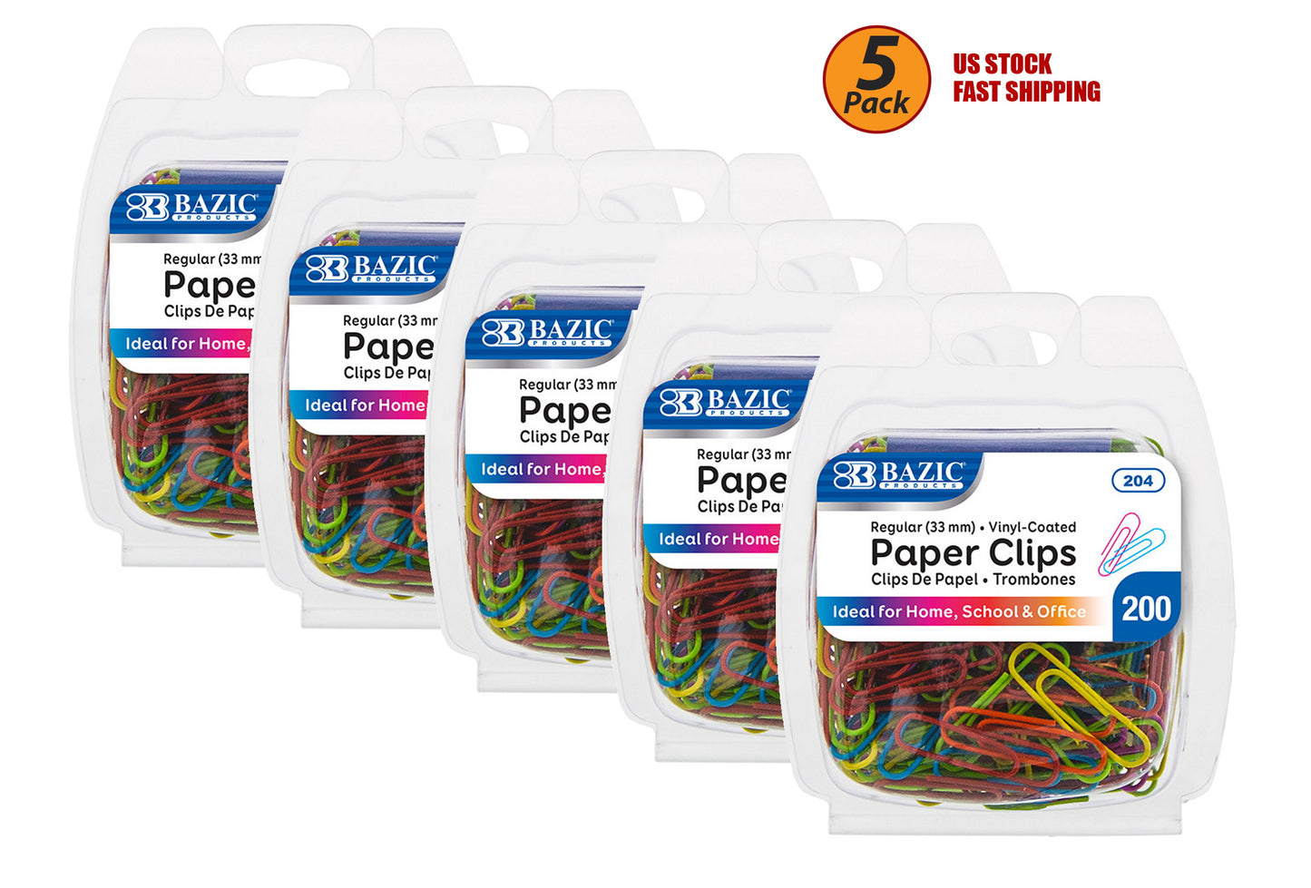 Lot of 1000 Regular Plastic Coated Paper Clips 33 mm Assorted Colors (5 packs of 200)