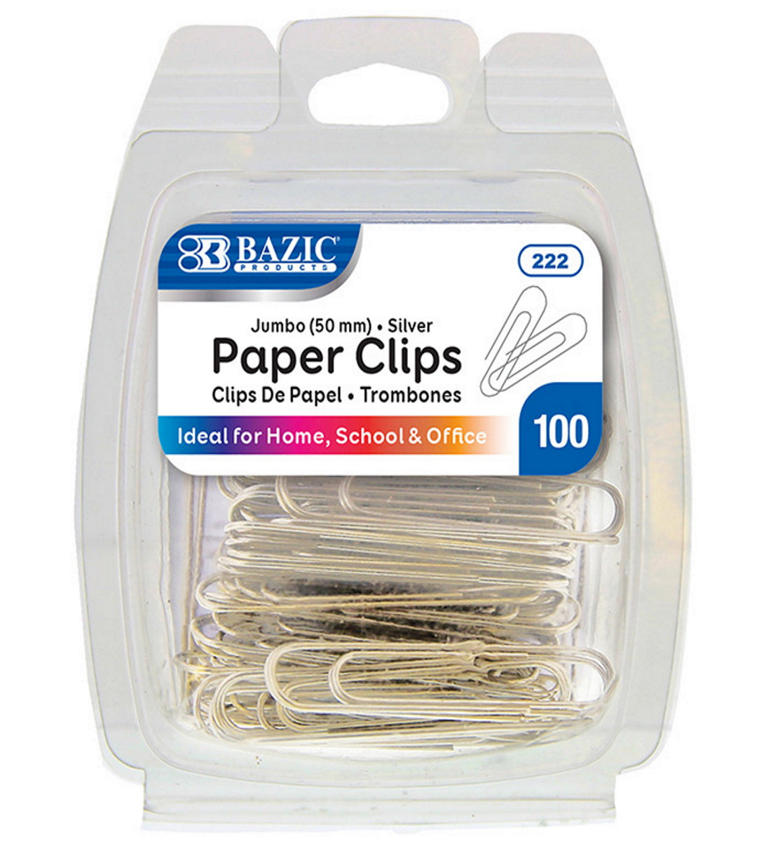 BAZIC 100 Large Jumbo Paper Clips (50mm) Silver Smooth Finish Craft Home School Office