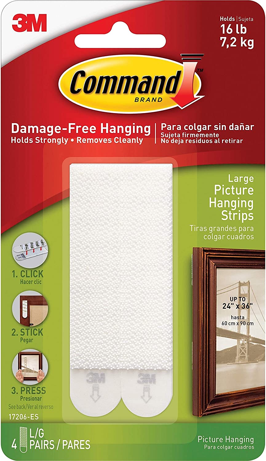 Command Picture Hanging Strips, Removable, 0.5" x 3.63", White, Holds 16 lbs 4 Pairs/Pack
