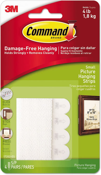Command Picture Hanging Strips, Removable, 0.63" x 2.13", White, 4 Pairs/Pack