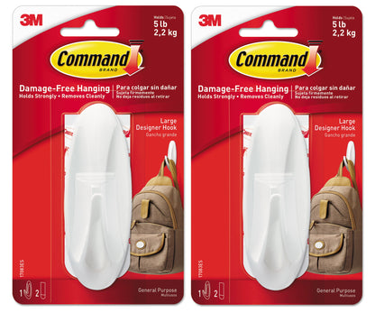 Command General Purpose Hooks, Large, 5 lb Cap, White, 2 Hooks and 4 Strips