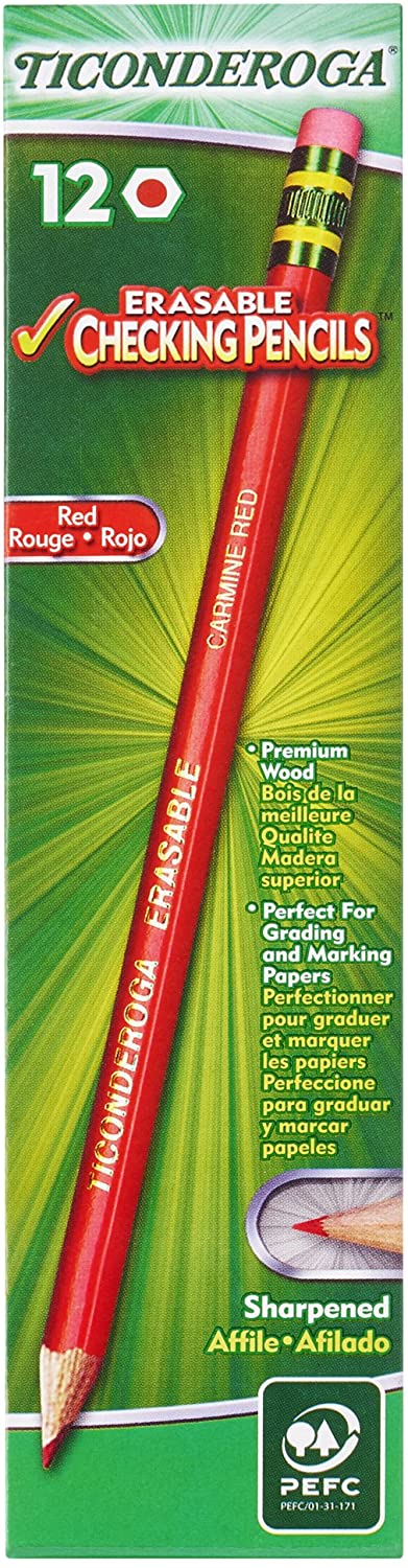 Ticonderoga Erasable Checking Pencils with Eraser, Pre-sharpened, 2.6 mm, 2B (#1), Carmine Red Lead Dozen