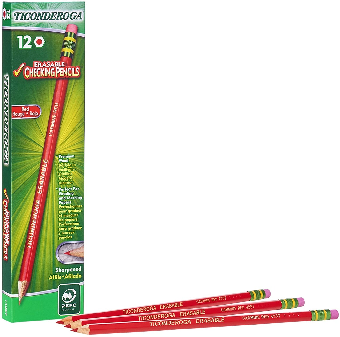 Ticonderoga Erasable Checking Pencils with Eraser, Pre-sharpened, 2.6 mm, 2B (#1), Carmine Red Lead Dozen