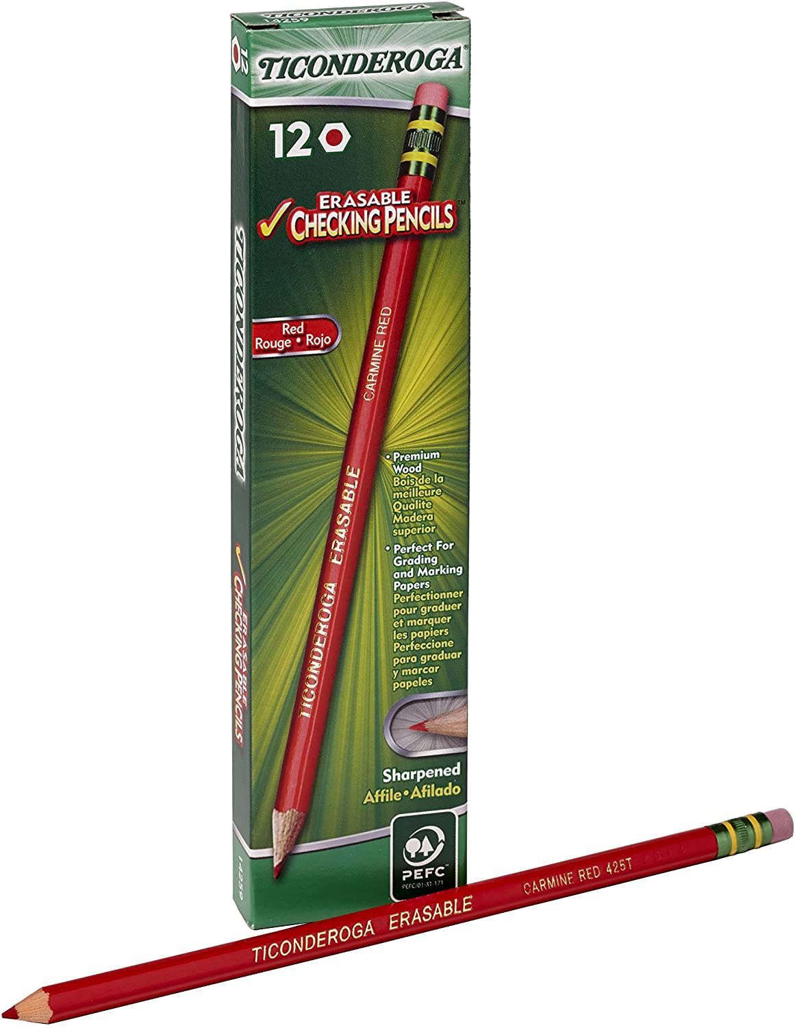 Ticonderoga Erasable Checking Pencils with Eraser, Pre-sharpened, 2.6 mm, 2B (#1), Carmine Red Lead Dozen