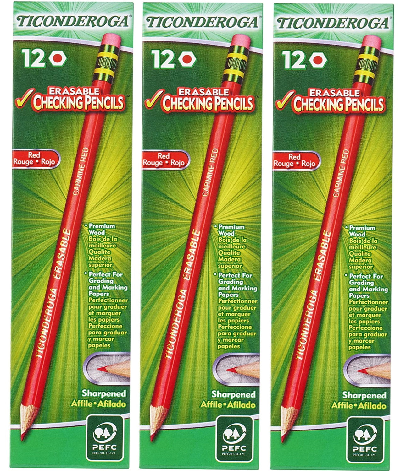 Ticonderoga Erasable Checking Pencils with Eraser, Pre-sharpened, 2.6 mm, 2B (#1), Carmine Red Lead - 3 Pack