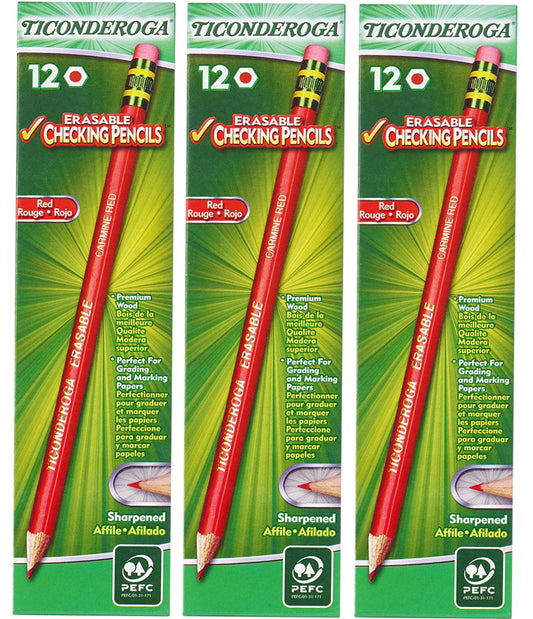 Ticonderoga Erasable Checking Pencils with Eraser, Pre-sharpened, 2.6 mm, 2B (#1), Carmine Red Lead - 3 Pack