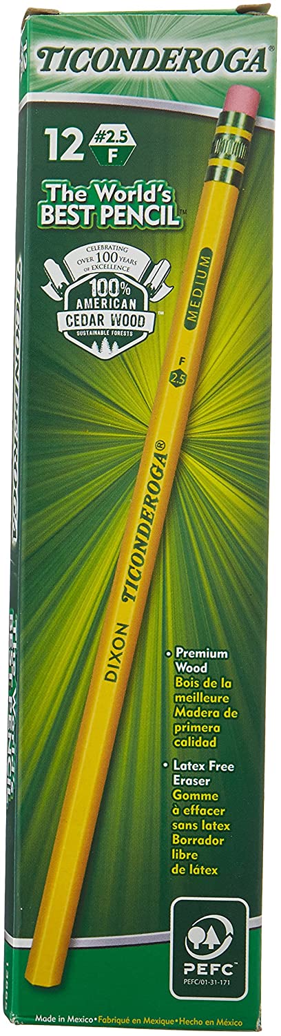 Ticonderoga Cedar Yellow Wood Pencils, 2-1/2/F Medium Lead, Dozen