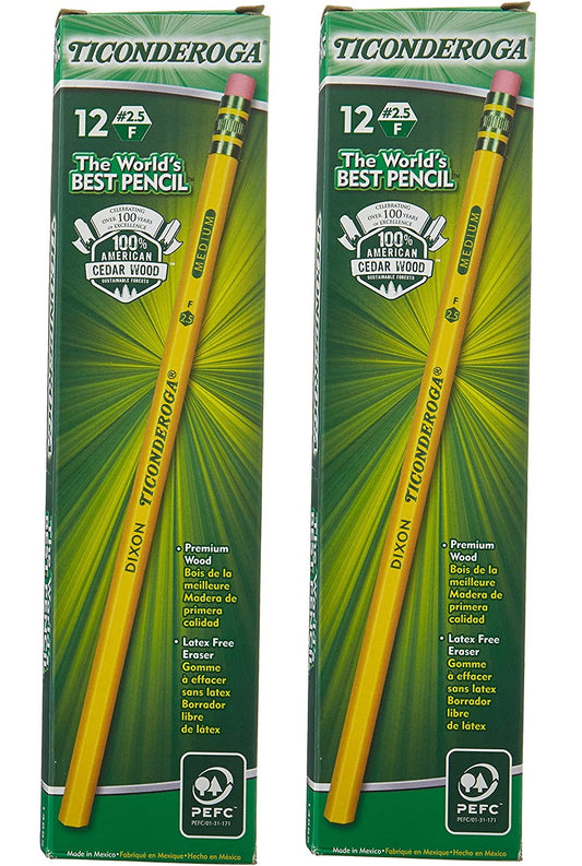 Ticonderoga Cedar Yellow Wood Pencils, 24 pcs 2-1/2/F Medium Lead, 2 Pack