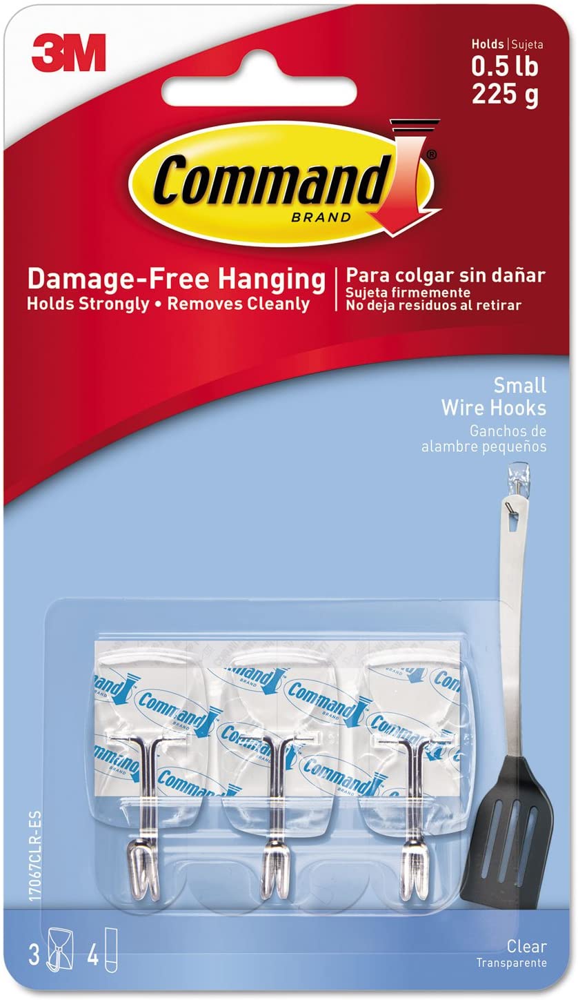 Command Clear Hooks and Strips, Plastic/Wire, Small, 3 Hooks and 4 Strips Holds strongly Removes Cleanly