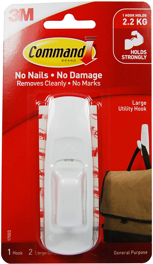 Command Large Utility Hook, 5 lb Cap, White, General Purpose 1-Hook, 2-Strips