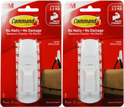 Command Large Utility Hook, 5 lb Cap, White, General Purpose 2-Hook, 4-Strips