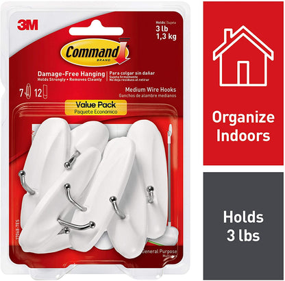 General Purpose Wire Hooks Value Pack, Medium, 3 lb Cap, White, 7 Hooks and 12 Strips